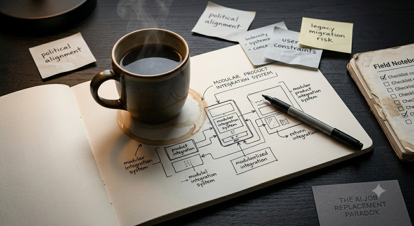 An overhead flat lay of a product strategist's dark desk, featuring a steaming coffee mug leaving a warm stain on a detailed architectural notebook sketch with sticky notes labeling corporate and technical alignment.